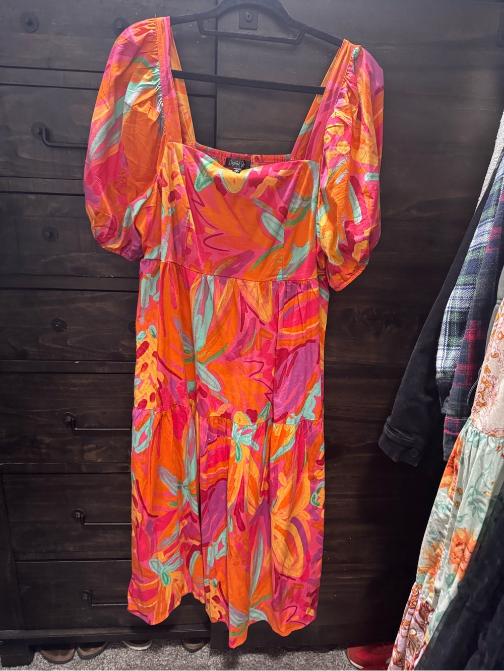 Bold Orange & Pink Puff-Sleeve Maxi Dress